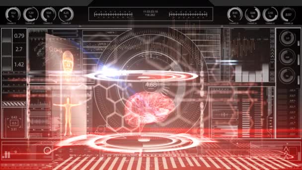 动画屏幕与医疗数据处理 3D人脑和范围扫描和记录在发光的红色背景 Coronavirus Covid19试验 — 图库视频影像