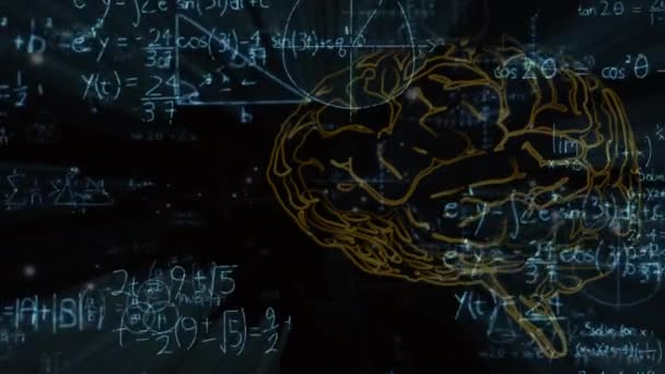 Animación Del Contorno Del Cerebro Humano Sobre Fórmulas Matemáticas Científicas — Vídeo de stock