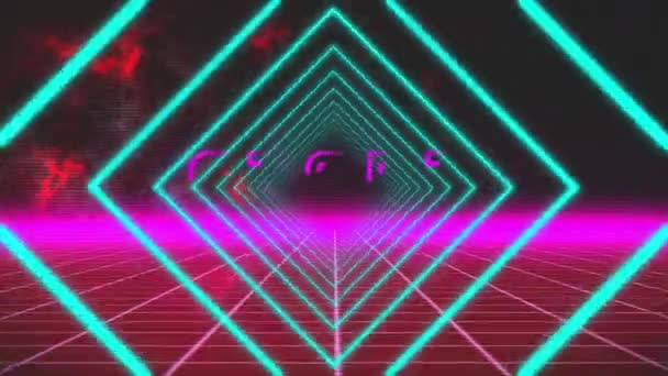 Animation du mot Commencez par écrire en lettres métalliques roses sur plusieurs diamants verts éclatants se déplaçant en mouvement hypnotique avec des nuages rouges de fumée et une grille rose en arrière-plan .