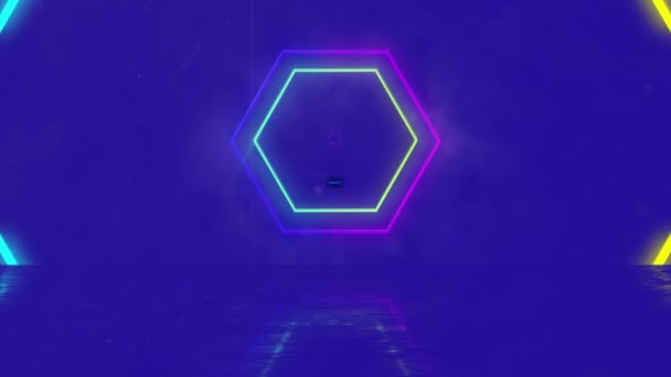 言葉のアニメーション青の背景に複数の色輝くネオン六角形の上に青の金属文字に紫で書かれた開始します ビデオゲーム画面とデジタルインターフェイスの概念デジタル生成された画像 — ストック動画