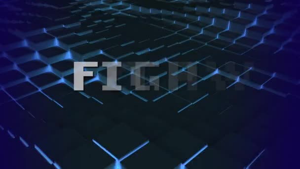 动画的单词战斗用白色的像素字母写在发光的移动的蓝色网状背景上 视频电脑游戏屏幕和数字界面概念生成的图像 — 图库视频影像