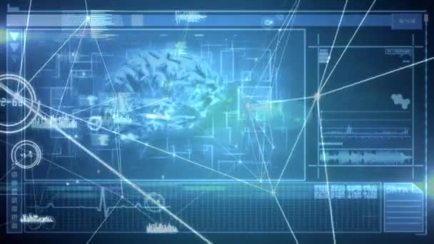 Animering Hjärna Spinning Med Nätverk Anslutningar Och Skärmar Med Databehandling — Stockvideo