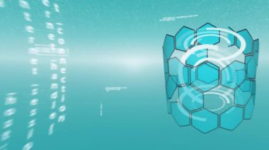 Veri işleme alanının animasyonu ve mavi arkaplanda dönen altıgenlerle silindir oluşturulmuş istatistik kaydı. Dijital bilgisayar arayüzü iletişimi ve bağlantı konsepti dijital olarak oluşturuldu.