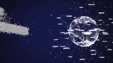 Gri parçacıklardan yapılmış insan büstünün animasyonu, dönen dünya veri işlemesi ve mavi arkaplan üzerine istatistik kaydı. Dijital bilgisayar arayüzü iletişimi ve dijital olarak oluşturulmuş bağlantı konsepti. Koronavirüs 19 yayılıyordu.