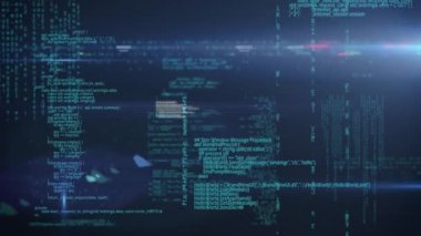 Parlak mavi arkaplan üzerine dijital veri işleme ve istatistik kaydının animasyonu. Dijital bilgisayar arayüzü iletişimi ve bağlantı konsepti dijital olarak oluşturuldu.