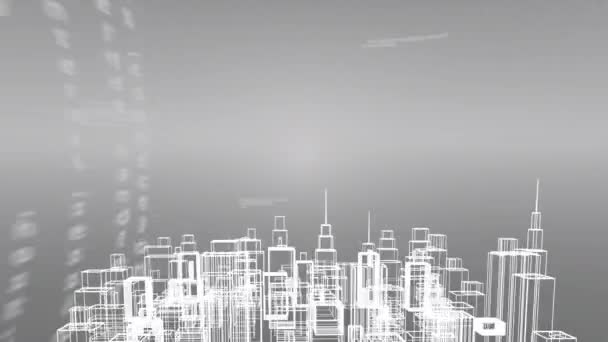 Animacja Przetwarzania Zapisu Danych Pomocą Trójwymiarowego Modelu Architektonicznego Nowoczesnego Miasta — Wideo stockowe