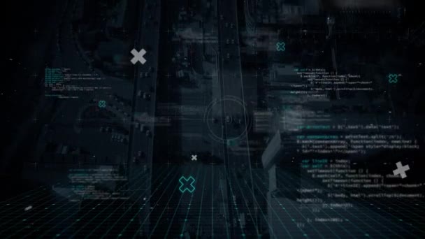 Animering Nätverk Anslutningar Med Databehandling Över Flygbild Stadsbilden Med Livlig — Stockvideo