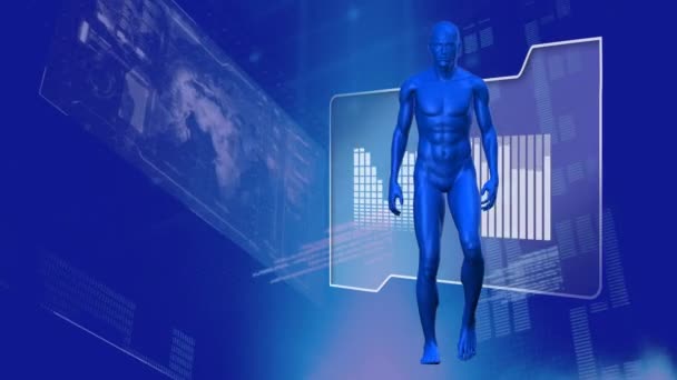 青の背景に画面上の青の3D人間モデル データ処理や統計記録のアニメーション デジタルコンピュータインタフェース通信と接続の概念は デジタル画像を生成します コロナウイルスコード19拡散 — ストック動画