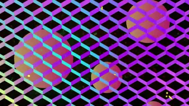 前景にちらつきのある線でピンクからターコイズブルーのメッシュにピンクのグラデーション球のアニメーション デジタル幾何学的図形の色と動きの概念デジタル生成画像 — ストック動画