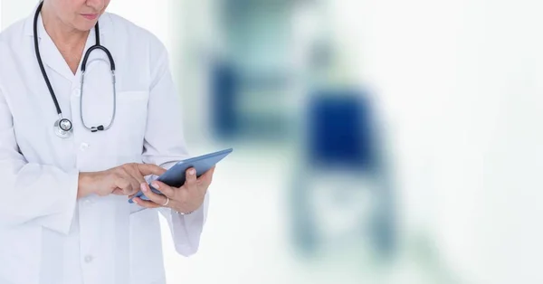 Mid Section Female Doctor Wearing Lab Coat Stethoscope Using Digital — Stock Photo, Image