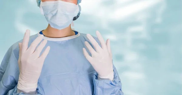 Mid Section Female Doctor Wearing Surgical Gloves Protective Face Mask — Stock Photo, Image