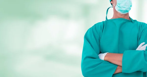 Mid Section Male Doctor Wearing Surgical Gloves Protective Face Mask — Stock Photo, Image