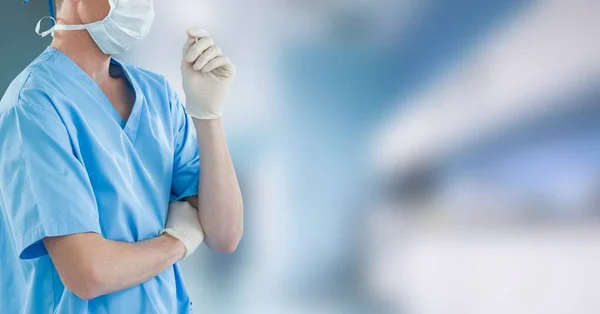 Mid Section Male Doctor Wearing Surgical Gloves Protective Face Mask — Stock Photo, Image