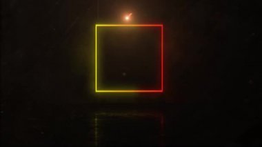 Kırmızı ve sarı renkli parlayan geometrik kare çizgilerin animasyonu hipnotik hareketlerde kusursuz döngü içinde hareket ediyor ve arka planda alevler içinde üçgen çizgiler var..