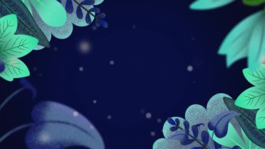 Arka planda mavi gökyüzü üzerinde titreşen parçacıkların olduğu çoklu yeşil yaprakların animasyonu. 