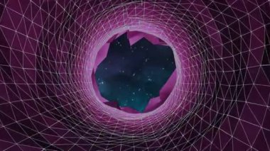 Çoklu parlak mor çizgileri olan, bulutlarda dönen parçacıklar ve arka planda gökyüzü ile tekrarlanan tünel animasyonu.