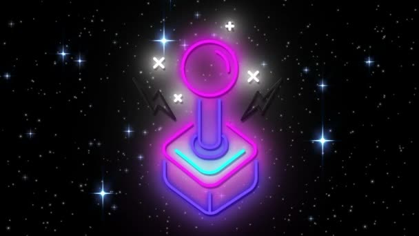复古发光霓虹灯视频游戏操纵杆在夜空中闪烁的动画 背景为星空 — 图库视频影像