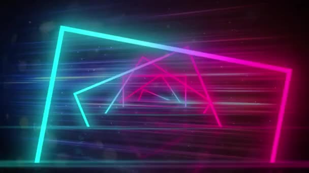 Animation Tunnel Glowing Bright Geometric Outlines Turquoise Purple Pink Moving — Stock Video