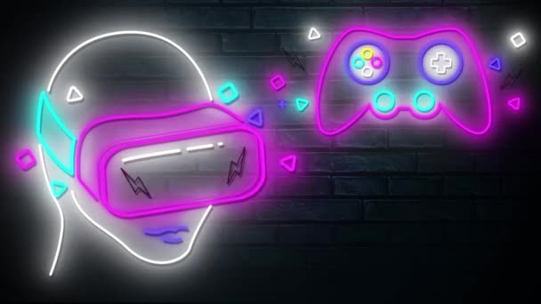Animación Auriculares Realidad Virtual Neón Brillante Retro Almohadilla Videojuegos Parpadeando — Vídeo de stock