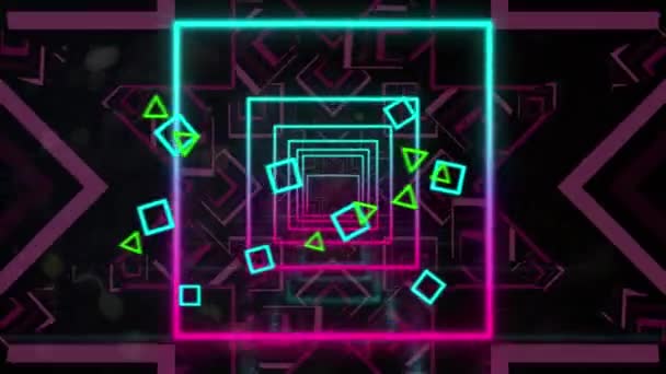 Animation Tunnel Neon Glowing Bright Geometric Square Outlines Blue Pink — Stock Video