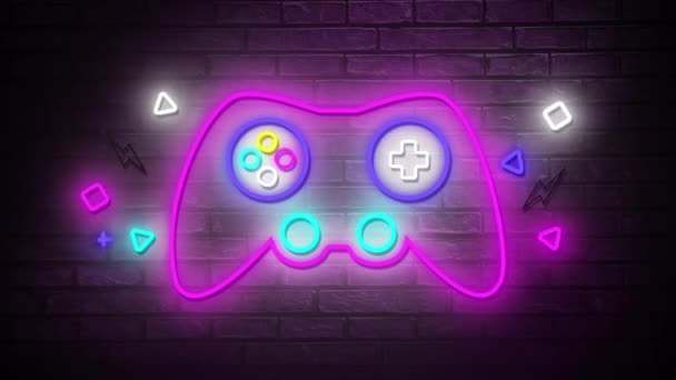 Animação Retro Brilhante Neon Vídeo Game Pad Cintilando Parede Tijolo — Vídeo de Stock