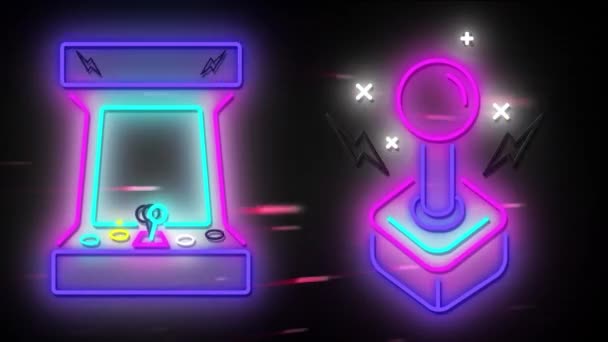 Animation Retro Glödande Neon Videospel Konsol Och Videospel Joystick Flimrar — Stockvideo