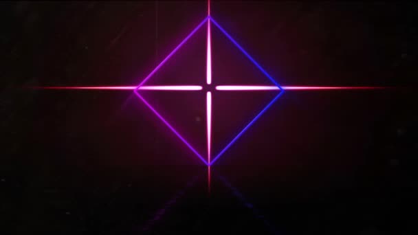 ネオン輝く明るい幾何学的ダイヤモンドのトンネルのアニメーション背景に輝くクロスと催眠運動のシームレスなループで青と紫の動きで輪郭 — ストック動画