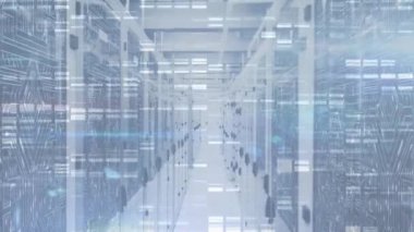 Bilgi işleme ve dijital bilginin animasyonu bir sunucu odasındaki bilgisayar sunucu ağında yüzey üzerinde ışık izleri parlayarak akıyor..