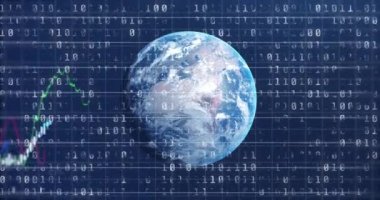 Borsa görüntülerinin mavi ve yeşil borsa saatleri ve grafikleriyle canlandırılması, borsada fiyatların yükselmesi ve düşmesi, mavi arka planda ikili kodlama.