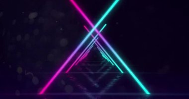 Siyah arkaplanda tekrarlanan hipnotik hareketle kameraya doğru hareket eden parlak neon turkuaz ve pembe üçgenin animasyonu. 