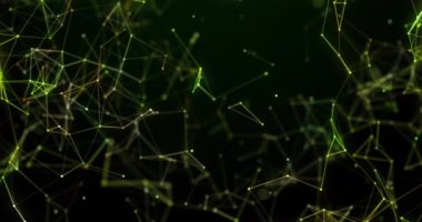 Hareket eden sarı ve yeşil parlayan 3d pleksus yapısının animasyonu bağlantılar ağı ile dönüyor, bilgi siyah arkaplanda akıyor. Tıp nörolojisi dijital bilgi konsepti dijital olarak oluşturuldu. 4k