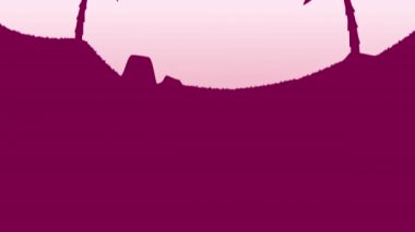 Günbatımının, palmiye ağaçlarının ve denizin sarı, turuncu, pembe ve mor olduğu klasik yaz manzarasının animasyonu. 