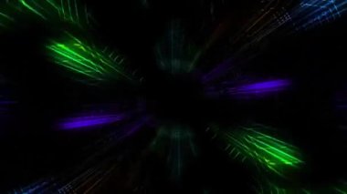 Mavi, mor ve yeşil ışınların animasyonu siyah arkaplan üzerinde hipnoz hareketinde kusursuz bir döngü içinde dönüyor..