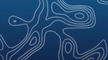 Mavi zemin üzerinde dijital topografik harita üzerinde hareket eden beyaz ince dağ çizgilerinin animasyonu. 