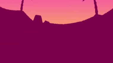 Günbatımının, palmiye ağaçlarının ve denizin sarı, turuncu, pembe ve mor renkte olduğu klasik yaz manzarasının animasyonu. Dijital olarak oluşturulmuş resim.