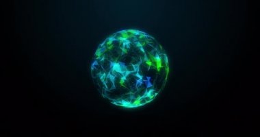 3d pleksus yapısının hareket eden mavi küre animasyonu bağlantılar ağı ile dönüyor, bilgi siyah arkaplanda akıyor. 4k