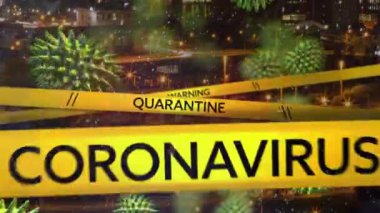 Koronavirüs Uyarı Karantinası kelimesinin animasyonu sarı uyarı bandına siyah harflerle yazılmış ve arka planda şehir manzarası ile yayılan Coronavirus Covid-19 makrosu.. 