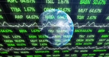 Küresel piyasa görüntülerinin canlandırılması, yeşil borsa numaraları ve grafikleri, kara fon borsasında yükselen ve düşen fiyat. 