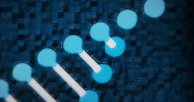 Pikselleştirilmiş dijital 3d mavi ve beyaz çift sarmallı DNA iplikçiklerinin animasyonu mavi desenli arka planda dönüyor. Tıp bilimi genetik konsepti dijital olarak oluşturulmuş görüntü. 4k