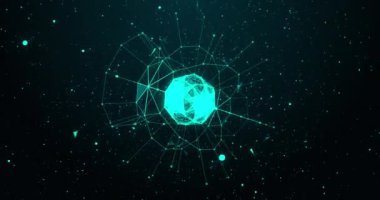 Hareket eden mavi parlayan 3d pleksus yapısının animasyonu bağlantılar ağı ile dönüyor, bilgi siyah arkaplanda akıyor. 4k