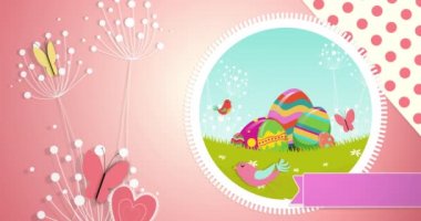Pembe arka planda bahar kırsalında boyanmış Paskalya yumurtaları ve kelebeklerle dolu mor pankartta beyaz harflerle yazılmış 