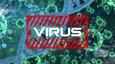 Kırmızı çerçevede beyaz harflerle yazılmış Virüs kelimesinin animasyonu. Mavi çift sarmallı makro DNA ipliği dönüyor, moleküller hareket ediyor ve arka planda Coronavirus Covid-19 yayılıyor..