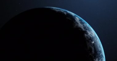 Uzaydan görünen Dünya 'nın animasyonu, karanlık arka plandaki kusursuz uydu görüntüsü üzerinde dönen dünya. Küresel uzay keşfi uzay yolculuğu konsepti dijital olarak oluşturuldu. 4k