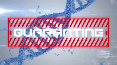 Kırmızı çerçevede beyaz harflerle yazılmış karantina kelimesinin animasyonu. Mavi çift sarmal DNA iplikçikleri dönüyor, moleküller hareket ediyor ve arka planda Coronavirus Covid-19 yayılıyor..