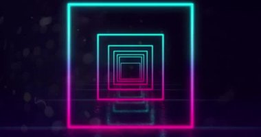 Parlayan neon turkuaz ve pembe karelerin animasyonu siyah arkaplanda tekrarlanan hipnotik hareketlerle kameraya doğru hareket ediyor..