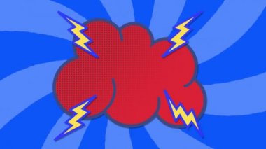 Kırmızı bulut şekilli animasyon ışık ve koyu mavi çizgiler üzerinde sarı yıldızlı konuşma baloncuğu döndürür ve yayar.. 