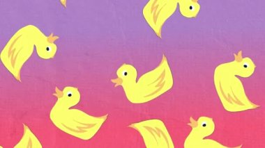 Birden fazla sarı ördek sırasının hipnoz hareketinde kusursuz bir döngü içinde düşüşünün animasyonu mor gradyan arkaplandan pembe arka plana. 