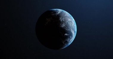 Uzaydan görünen Dünya 'nın animasyonu, karanlık arka plandaki kusursuz uydu görüntüsü üzerinde dönen dünya. Küresel uzay keşfi uzay yolculuğu konsepti dijital olarak oluşturuldu. 4k