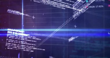 Borsa görüntülerinin kırmızı, mavi ve yeşil borsa işaretleri ve grafikleriyle canlandırılması, borsada fiyatların yükselmesi ve düşmesi, mavi arka planda ikili kodlama.