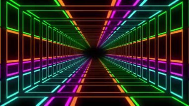 Sarı, mavi, yeşil, turuncu ve pembe renkli çok renkli karelerin animasyonu siyah arkaplan üzerinde hipnotik hareketlerle kusursuz bir döngü içinde hareket ediyor.. 